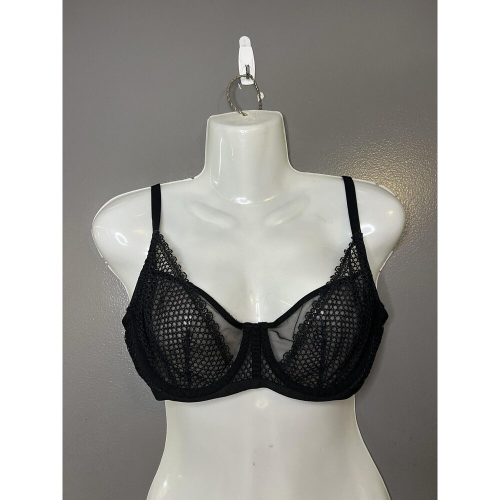 Victoria's Secret Bra Womens 36C Black Mesh Lace Balconette Unlined Demi Sheer